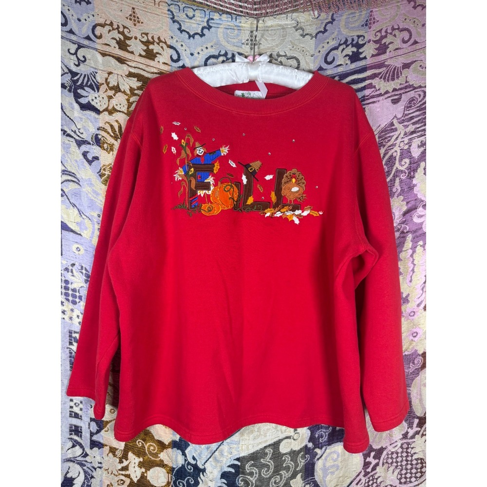 90s Fall Themed Beaded Art Teacher Granny Cutesy Red Crew Neck Sweater Size L